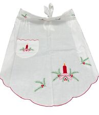 Vintage Embroidered Christmas Apron- Pocket Pleats Red Trim On White Candle picture