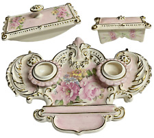 VTG Victorian Porcelain Double Inkwell Desk Set Blotter Quill Box Gold Gilt picture