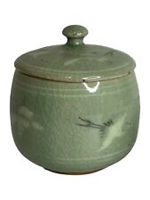 Vintage Korean Celadon Crane & Clouds Pot Lid Jar Trinket Bowl Signed picture