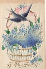 c1910 Blue Swallow Bird Flying Airbrush Purple Flowers Birthday P311 picture