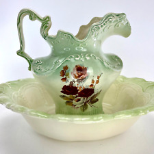 Vintage Arnels Pitcher and Basin Bowl Set Spring Green Embossed Porcelain Floral picture