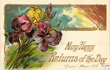 Vintage Postcard- Purple flowers, Many Happy Returns of picture