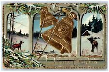 c1910's Christmas Ringing Bells Deer Pine Leaf Winter Embossed Antique Postcard picture