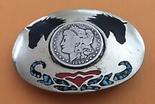 Vintage Custom Handcrafted 1899 Morgan Silver Dollar & Horse Inlay Belt Buckle picture