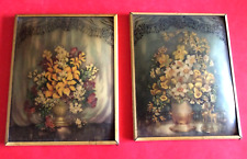 Vintage 2 Small Antique Curved Glass Floral Pictures picture