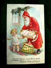 C.1905-10 Long Red Robe Santa Handing Cute Kid Cradle & Doll Stripped Bag Early picture