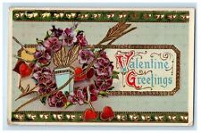 1912 Valentine Greetings Arrow And Flowers Heart Gold Gilt Gel Embossed Postcard picture