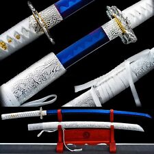 Elegant White Katana Blue 1095 Carbon Steel Japanese Samurai Battle Ready Sword picture