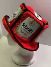 Vintage Schmidt's Light Beer Can Crocheted Hat Red Black Yarn Brimmed Handmade picture