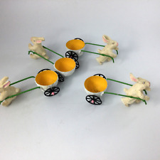 Set of 4 Egg Resin Holders Cups White Yellow Easter Bunnies Pulling Egg Wagon picture