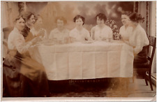 Women Having Joyful Tea Party at Table Candid Group Photo 1900s RPPC Postcard picture