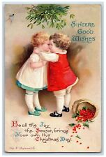 Christmas Little Sweetheart Kissing Mistletoe Berries Ellen Clapsaddle Postcard picture