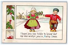 Sheridan OR Postcard Dutch Kids With Holly Berries Windmill Embossed 1913 Posted picture