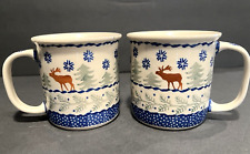 Set of Two  Boleslawiec Polish Pottery 12oz Reindeers and Pine Trees Coffee Mugs picture
