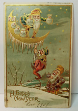 New Year's Postcard Elves on Golden Crescent Moon c 1907 Icicles, Money Bags picture