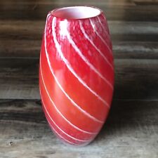 Vintage Art Glass Vase Heavy Thick Red And White Abstract Stripe Weed Pot Rare picture