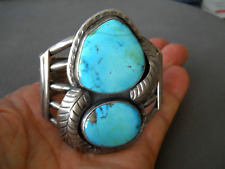 Heavy-Gauge Native American Leaf-Framed Turquoise Sterling Silver Cuff Bracelet picture