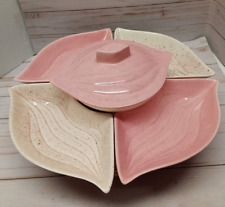 Vintage Lazy Susan Ceramic Serving 7 Piece Set Pink, beige, brown w/ Turn Table picture