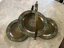 Vintage INDIA 3 tier collapsible serving tray - Enamel, Brass 1940's picture