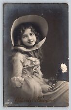 RPPC Girl w/ Bonnet & Flower Studio Photo HAPPY NEW YEAR Vintage Postcard picture