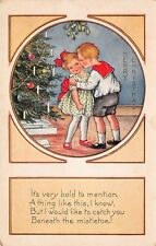 Antique Christmas Card Children Kiss Mistletoe Tree Ornaments Vtg Postcard B23 picture