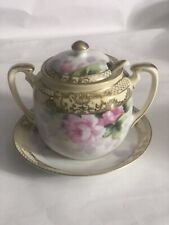 Noritake-Morimura-hand painted sugar bowl w/ dish , lid and spoon - Rose antique picture