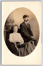 Original Old Vintage Oval Real Photo Postcard Lady Gentleman Chair RPPC picture