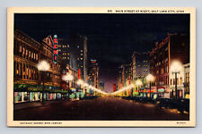 c1933 Linen Postcard Salt Lake City UT Utah Main East Temple Street at Night picture