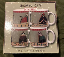 Oneida Holiday Cats Set of 4 Fiddlestix Stoneware Mugs/Cups New With Box picture