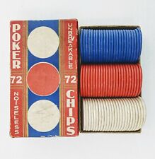 VINTAGE 1920-30S RED WHITE BLUE ASSORTED UNBREAKABLE NOISLESS POKER CHIPS IN BOX picture