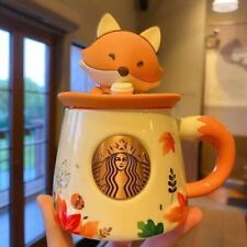 Starbucks Cute Fox Autumn Forest Maple Leaf Ceramics Mug Cup Set With Lid 11OZ picture