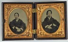 ANTIQUE 1860's 1/9 PLATE AMBROTYPE TINTYPE SISTERS?-GUTTA PURCHA FRAME picture