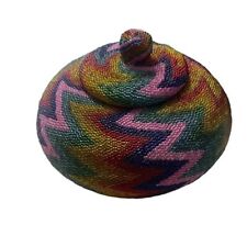 Antique Vtg Hand Woven Multicolor Beaded Rattan Basket Decorative Collectible picture