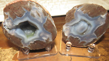 ONE PAIR OPENED UTAH DUGWAY GEODE WITH GORGEOUS BLUE DRUZE CRYSTAL HOLLOW STANDS picture
