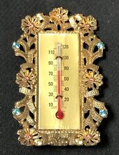 Vintage Brass Desk Table Thermometer Jeweled Floral Frame Desktop Office picture