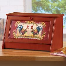 Wooden Country Rooster & Sunflower Bread Storage Bin Farmhouse Kitchen Pantry picture