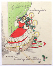 Vtg 1930's Christmas Card-GIRL OPENS CURTAIN TO LOOK AT CHRISTMAS TREE picture