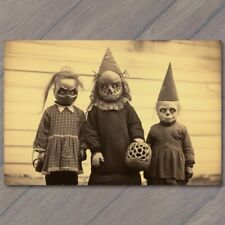 POSTCARD Weird Creepy Vintage Vibe Kids Masks Halloween Unusual Family H picture