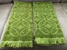 Vintage Fashion Manor Fringe Bath Towel Green Geometric Set of 2 Cotton USA picture