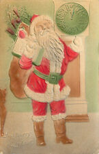 Embossed Airbrushed Santa Claus Christmas Postcard Clock Says Christmas picture