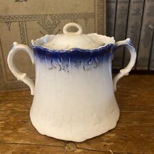 French Limoges Flow Blue Sugar Bowl With Lid Antique Vintage Crazed And Stained picture