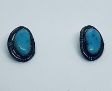 Vintage Old Navajo Sterling Silver Natural Bisbee Turquoise Cabochon Earrings picture