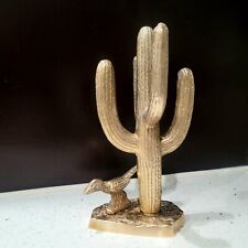 Vintage Brass Cactus with Roadrunner Sculpture Approximately 8.5