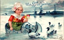 Postcard With Love & Devotion Young Dutch Girl Floating Wooden Shoe 1907   J-150 picture