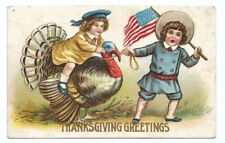 Thanksgiving Greetings Postcard Turkey Patriotic Children Embossed c1910 picture