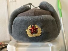 Vintage USSR Military Surplus Hat Ushanka Faux Fur Gray Blue w/ Emblem Size 56u picture