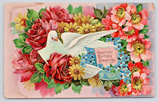 Postcard Vintage Heartiest Birthday Greetings Embossed Flowers White  Dove Note picture
