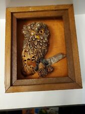 Handmade Realistic Feathered Owl Wall Hanging Vtg. Shadowbox Cypress Wood Frame picture