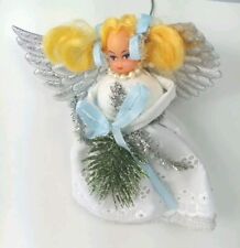 Vintage Angel Rubber Faced Doll Ornament White Dress Silver Wings 6 Inch picture