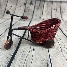Vintage Wooden, Wicker & Iron Miniature Rickshaw Tricycle W/ Rear Basket 7” picture